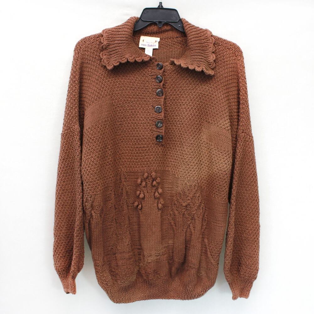 Von Saken Vintage 100% Cotton Brown Sweater Cardigan Cottagecore Grandmacore XL
